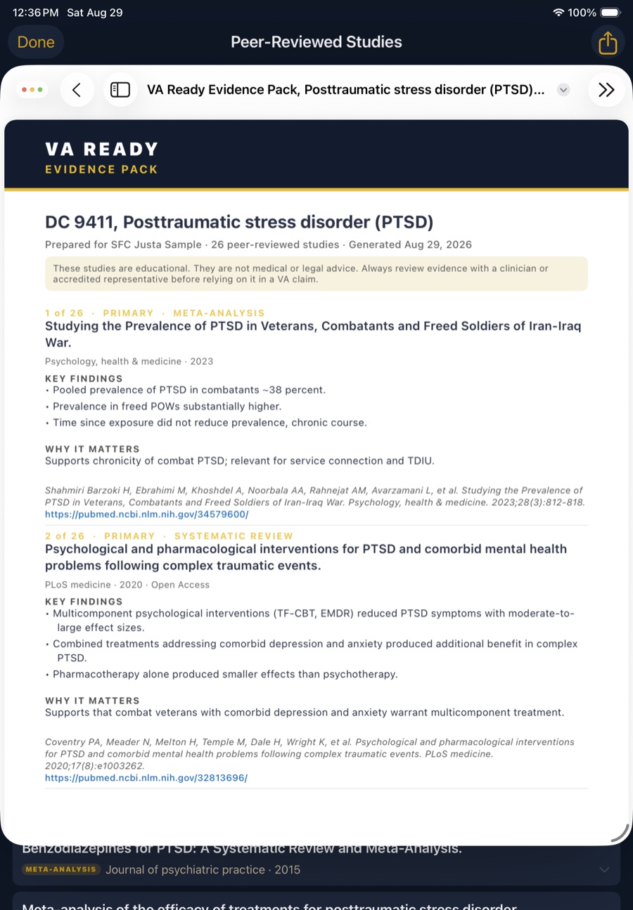 A VA Ready Evidence Pack PDF for PTSD, diagnostic code 9411, listing 26 peer-reviewed studies with key findings, a why it matters line, full citations and PubMed links.