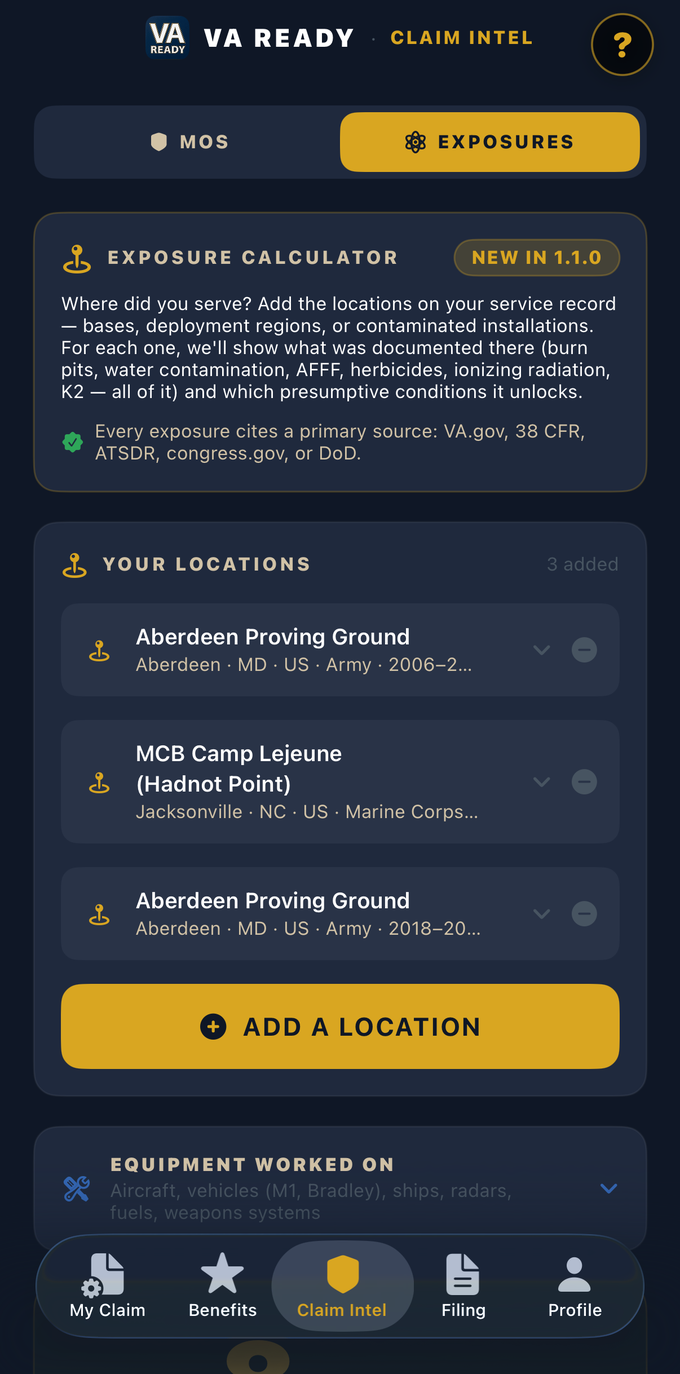 VA Ready Exposure Calculator showing service locations like Camp Lejeune and the presumptive conditions they unlock