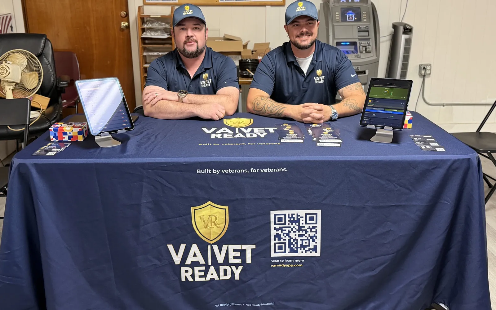 VA Ready founder and developer Jason (left) and Andrew, marketing and outreach (right), seated at the VA Ready and Vet Ready table at a veterans event in Copperas Cove, Texas