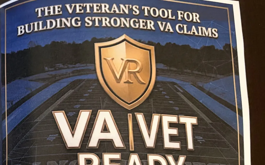 The full-page VA Ready and Vet Ready advertisement printed in the 2026 Liberty County High School Panther Guide, showing the VR shield above the VA Vet Ready wordmark and the line The Veteran's Tool For Building Stronger VA Claims